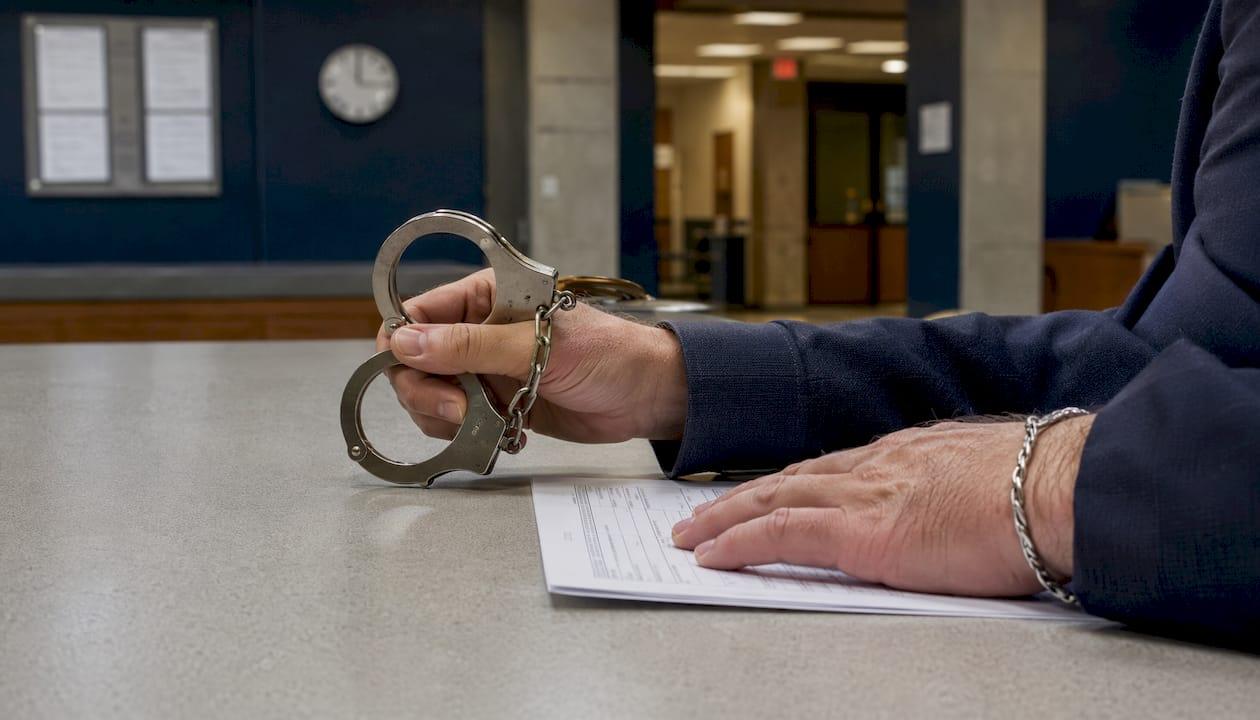 Hands with handcuffs and police report on table overhead view
