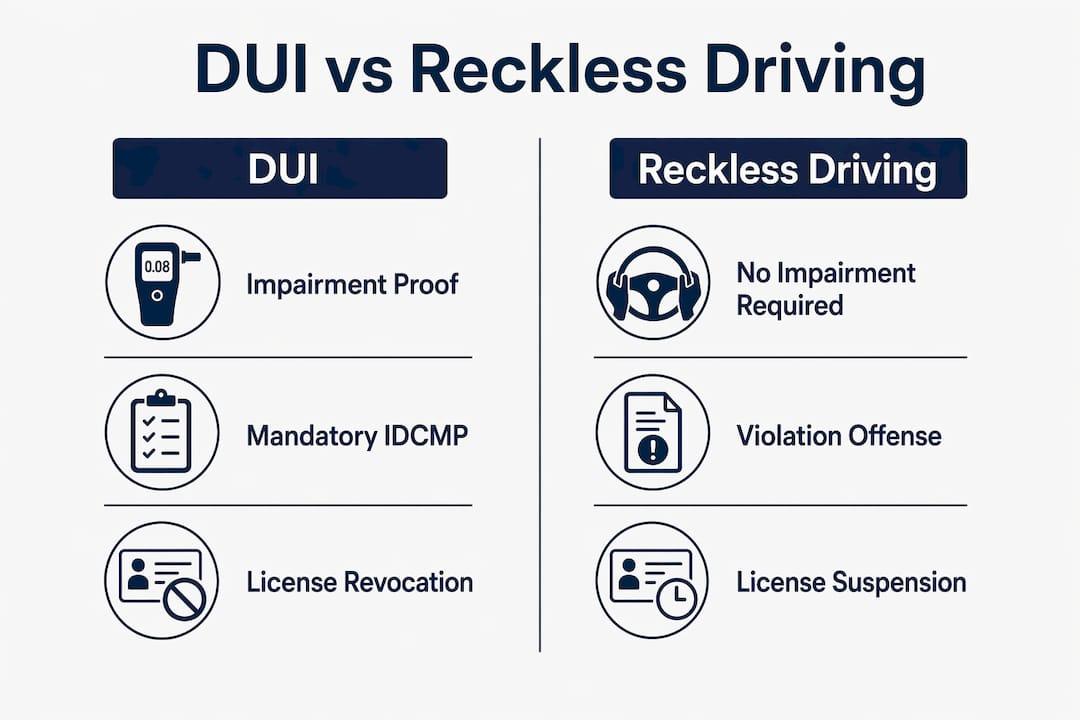 Infographic comparing DUI and reckless driving penalties and definitions in New Hampshire