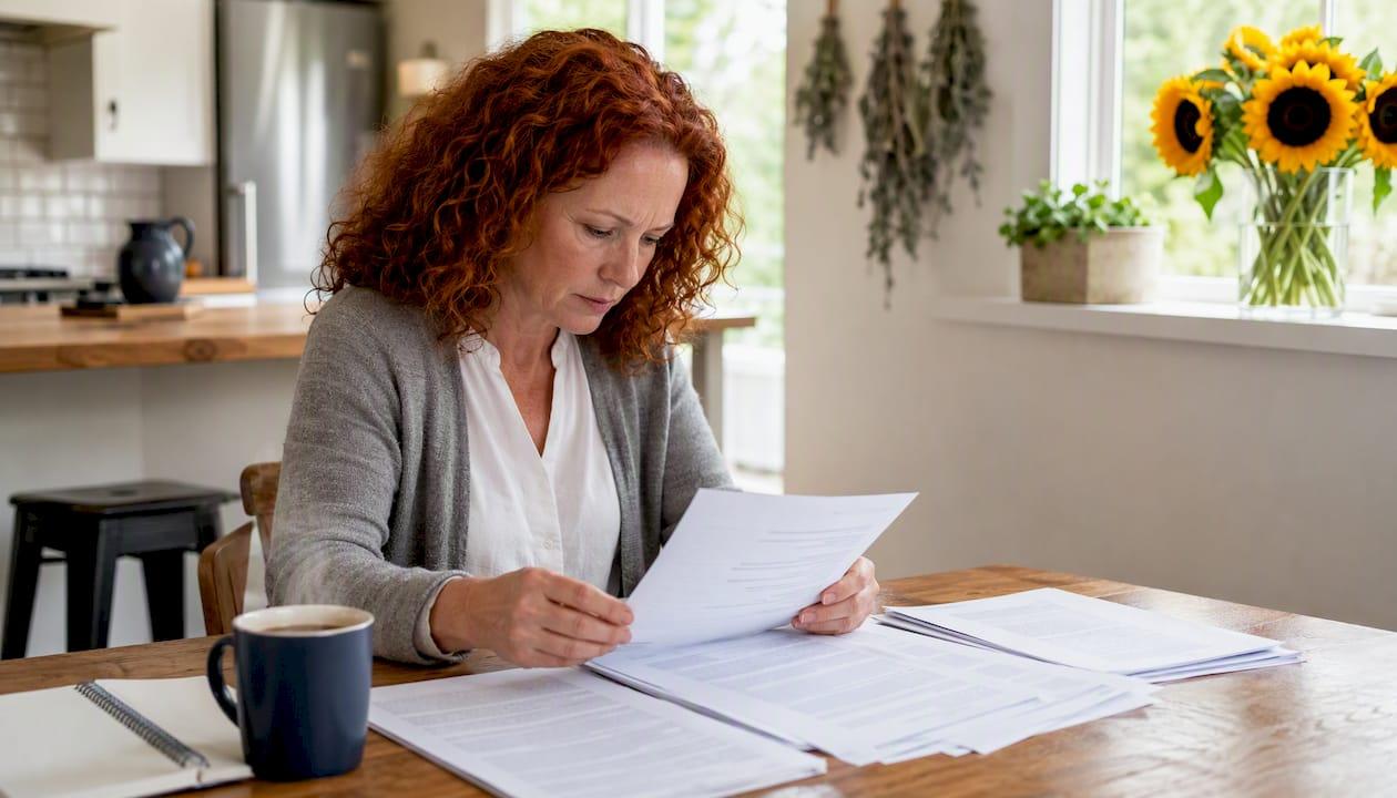 Woman reviewing NH legal papers at desk