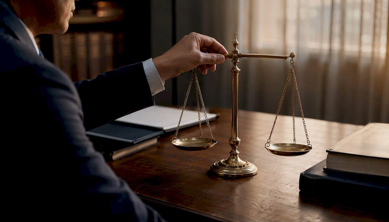 Granite Criminal Defense Hand Placing Scales Of Justice On Desk