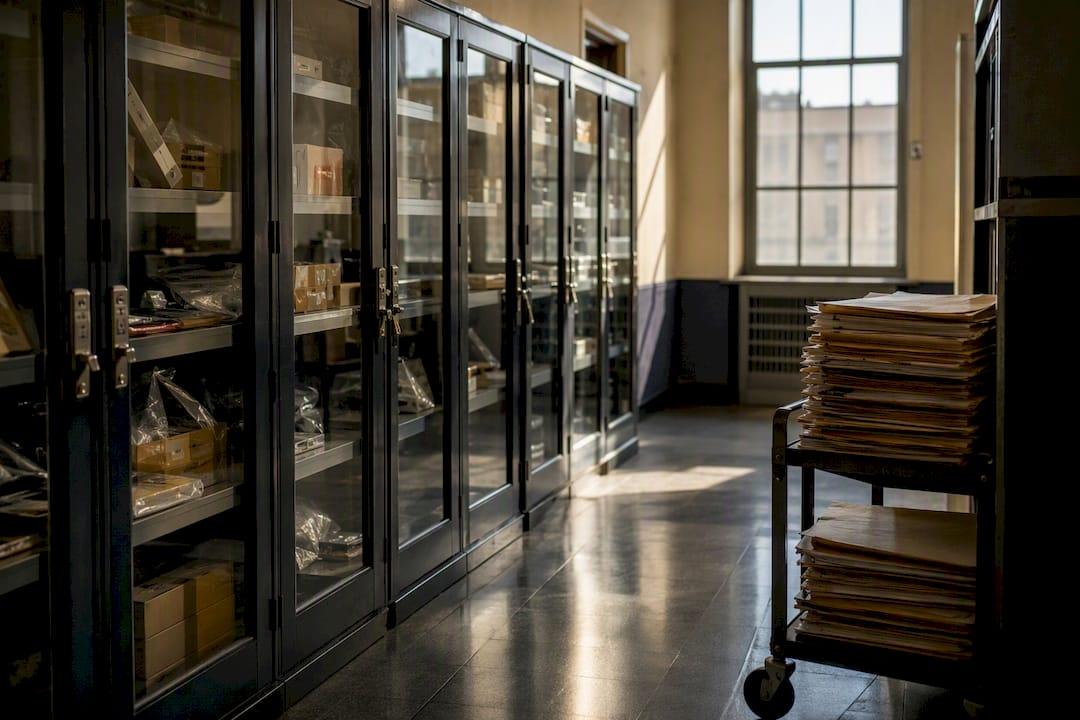 Courthouse hallway with evidence storage