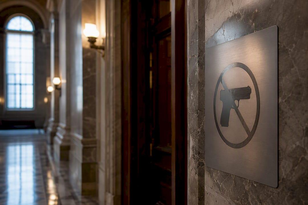Courthouse hallway with firearm restriction sign