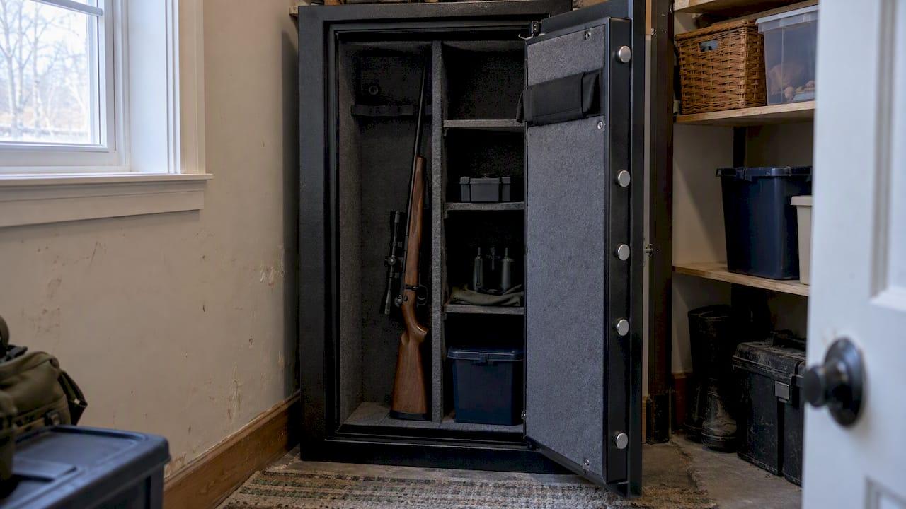 Granite Criminal Defense Open Gun Safe Holding A Hunting Rifle